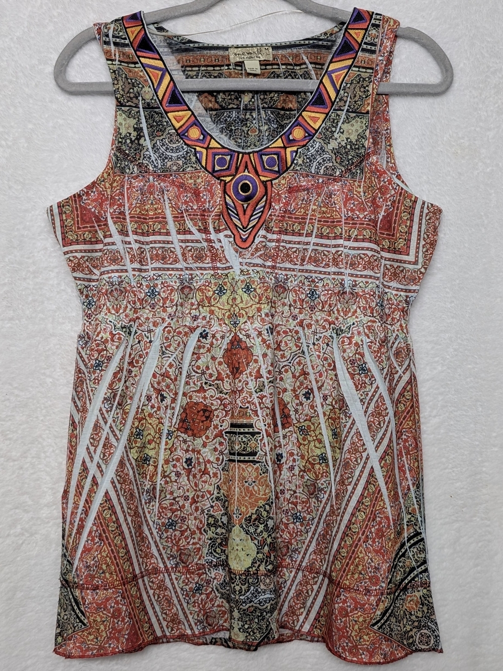 ONE WORLD Orange Multi Boho Tank with Geometric Neckline